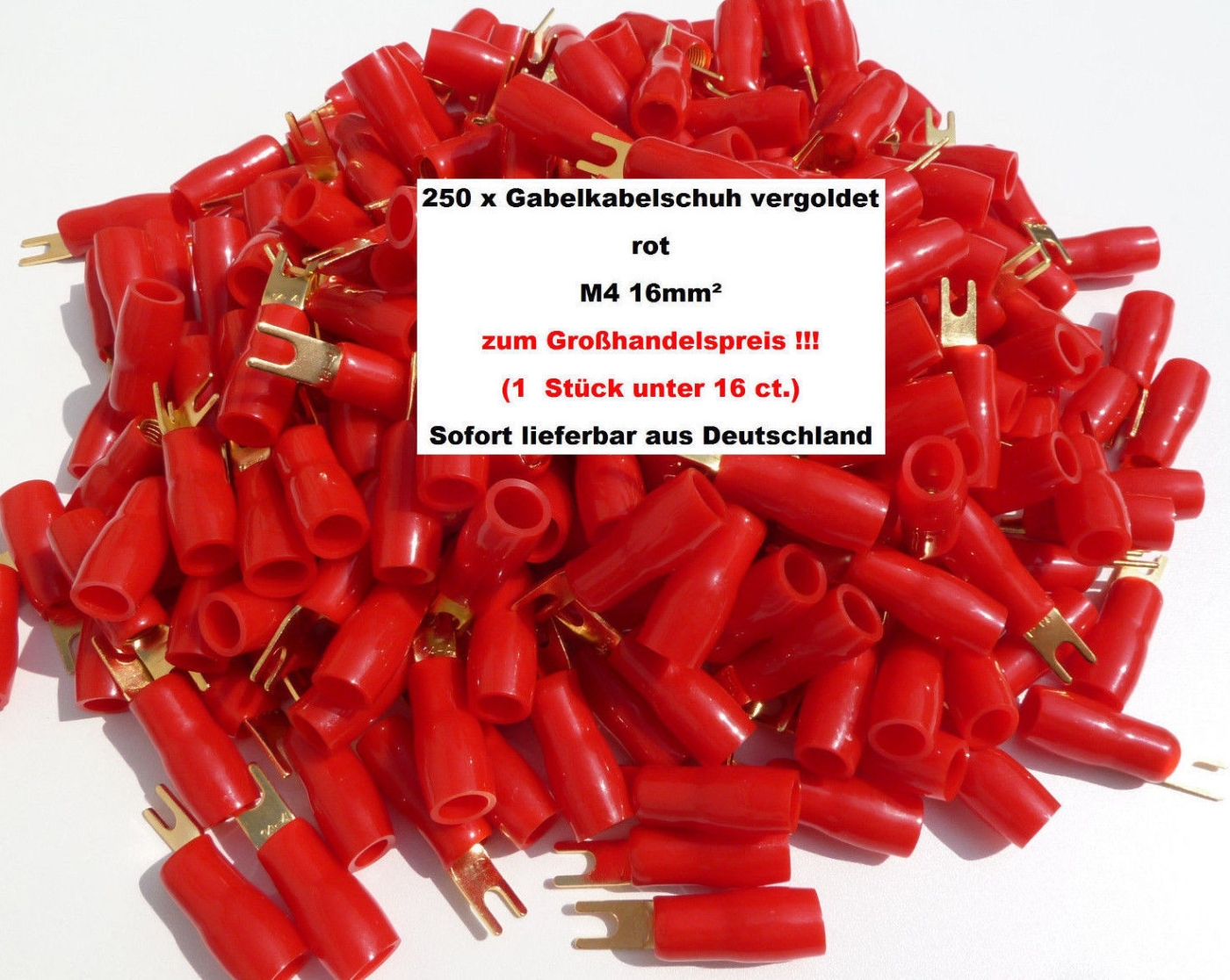 250 x AIV Gabel Kabelschuh rot vergoldet 16mm- M4 zum Grohandelspreis!! 60213